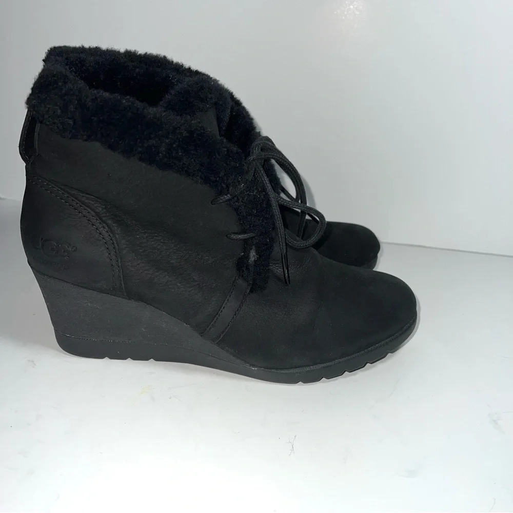 UGG Black Wedge Jeovana Boots with Fur Trim size 7